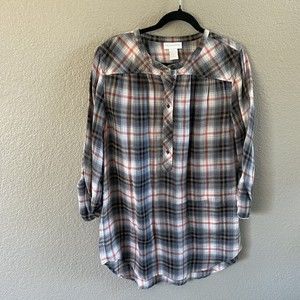 Soft Surroundings Tunic Top Gray Red Plaid Roll Tab Popover Henley medium